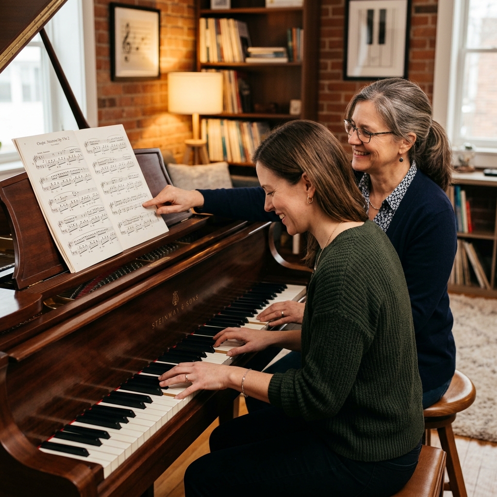 Vuxenelev spela piano tillsammans med sin lärare